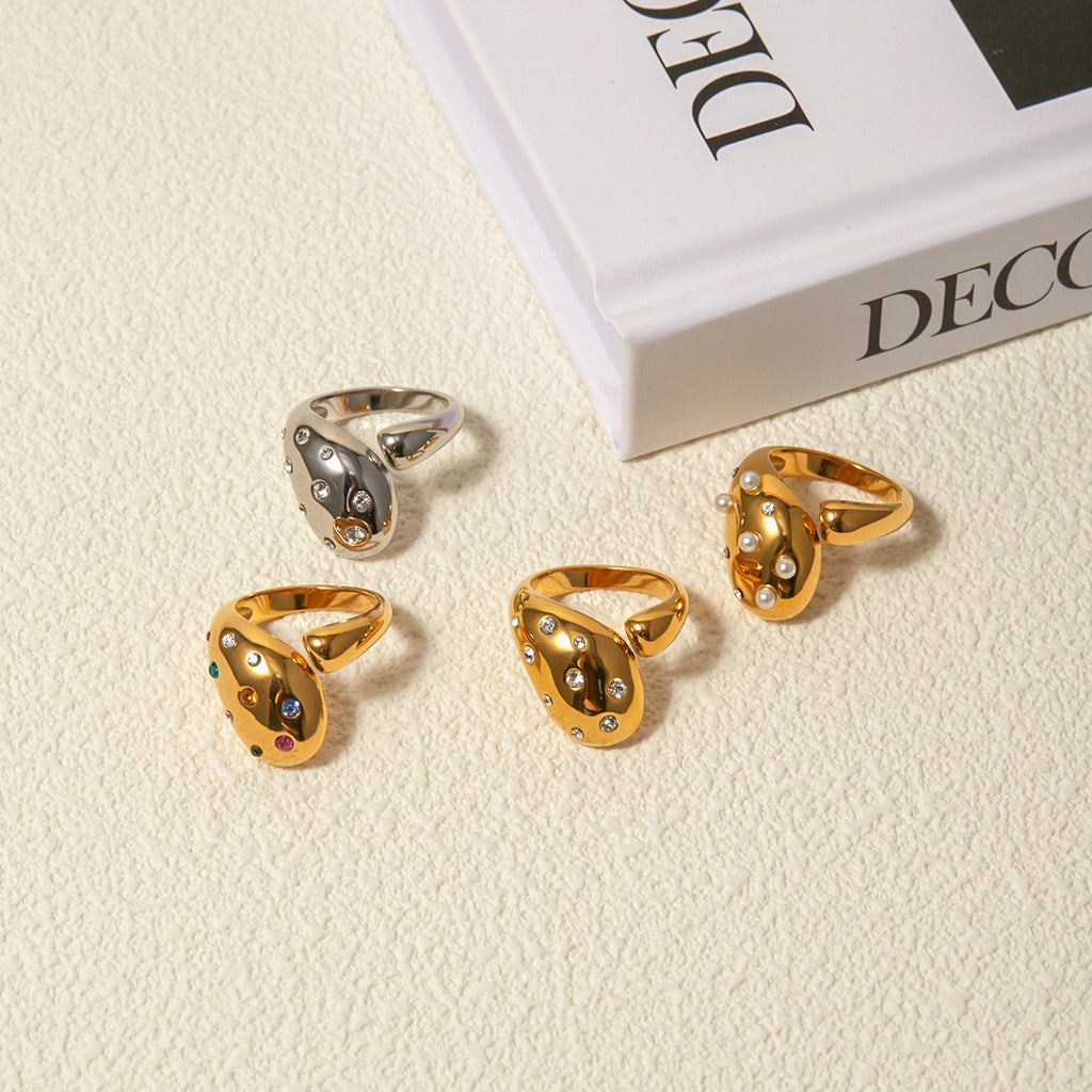 18K gold geometric diamond open ring – Color stone, adjustable open band, titanium steel with PVD gold plating, MINIMAL