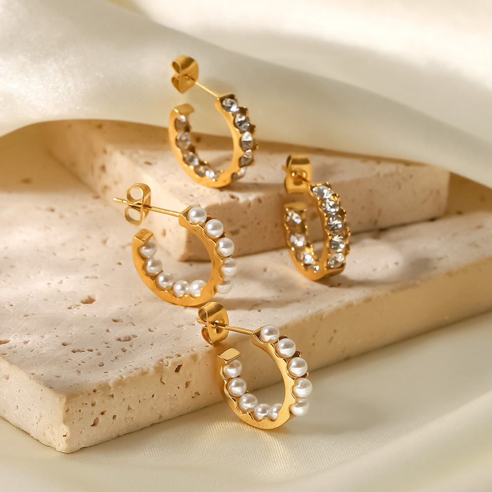  18K gold pearl and zircon dangle earrings both styles flat lay — MINIMAL