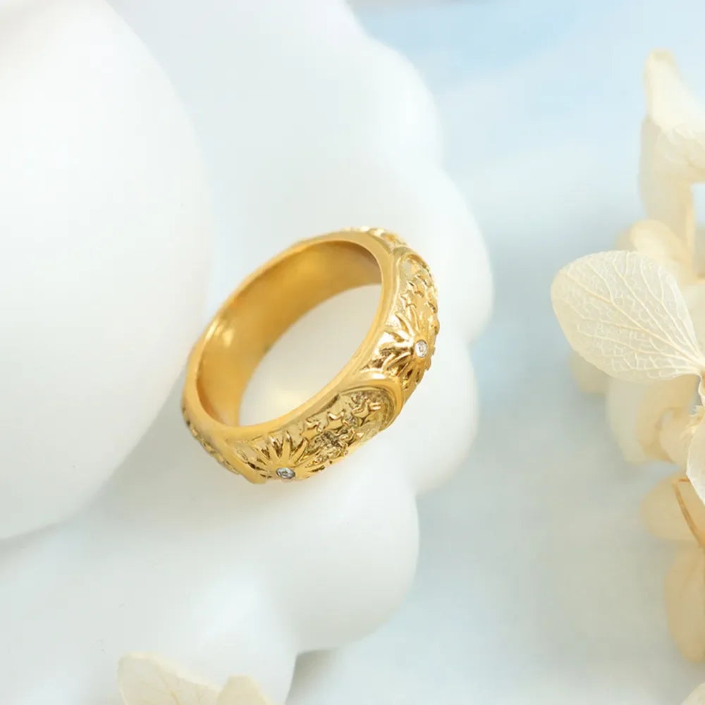 Titanium Steel Inlaid Zircon Embossed Ring - Premium Minimalist Jewelry - MINIMAL